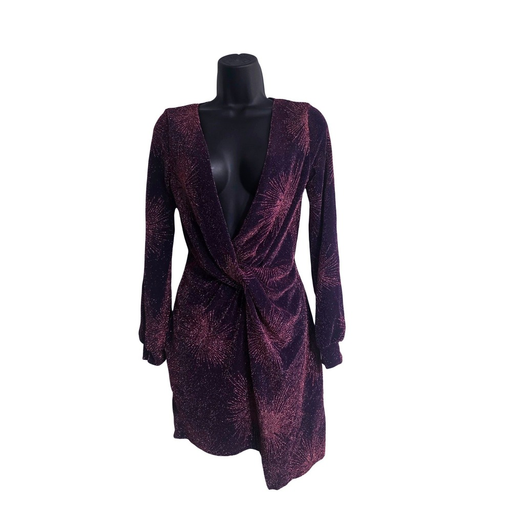 Better Be‎ Purple Metallic Starburst Twist Front Deep V Mini Dress Womens Small
